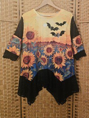 Upcycled Sunflowers Bats Halloween Top OS